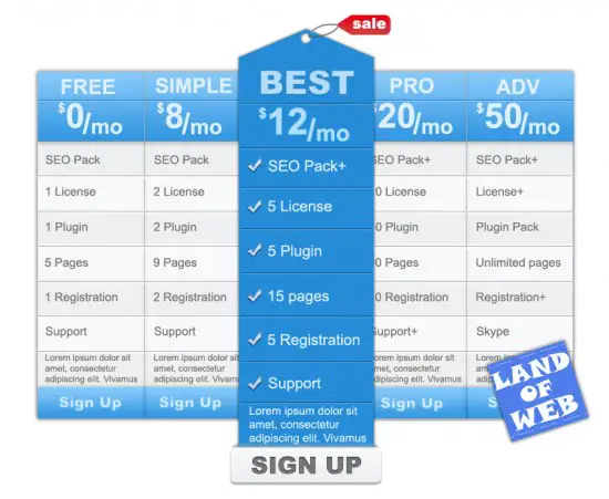 pricing tables psd
