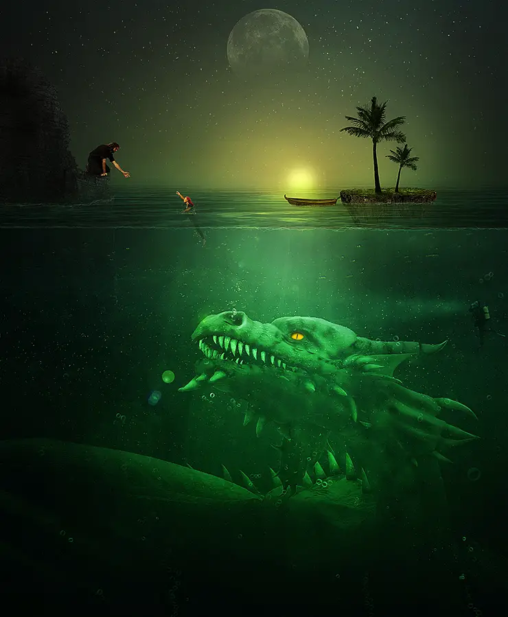 Create a Troublesome Underwater Scene with a Big Green Monster in Photoshop