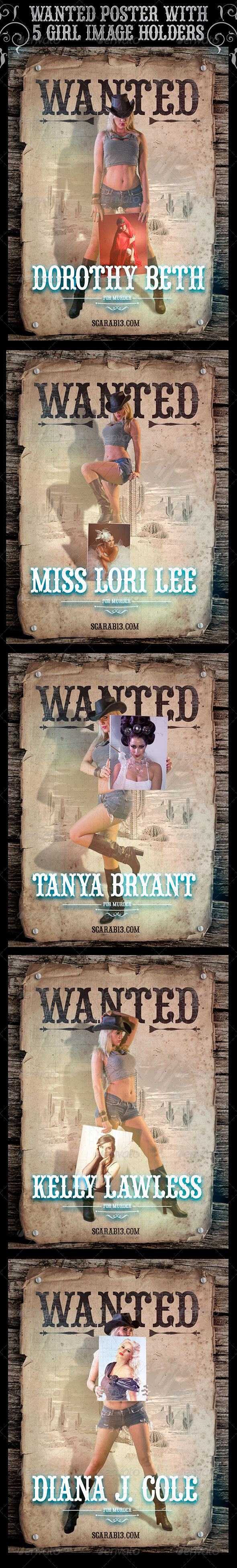 Wanted Poster with 5 Cowgirl Image Holders