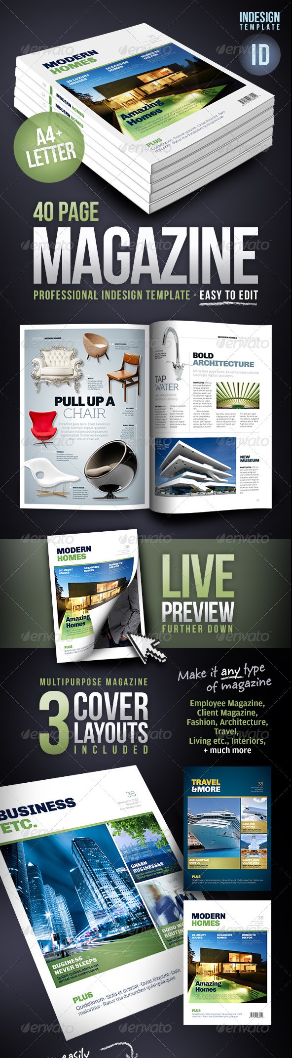 Multipurpose 40 Page Magazine Template - A4 + Letter