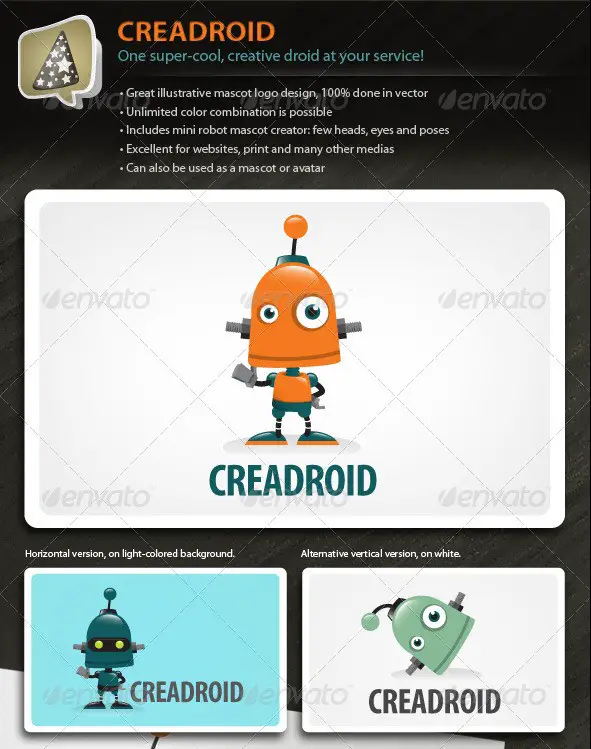 Creadroid - Robot Mascot Logo For Any Creative Biz