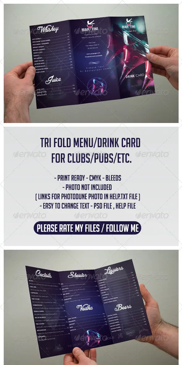 Drink Menu Club Menu Tri-Fold