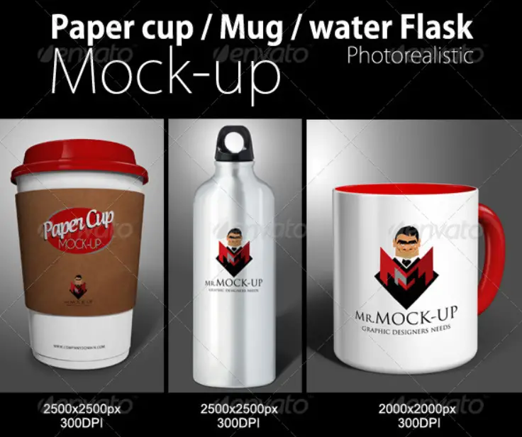 Mug, Paper Cup & Water Flask Mockup