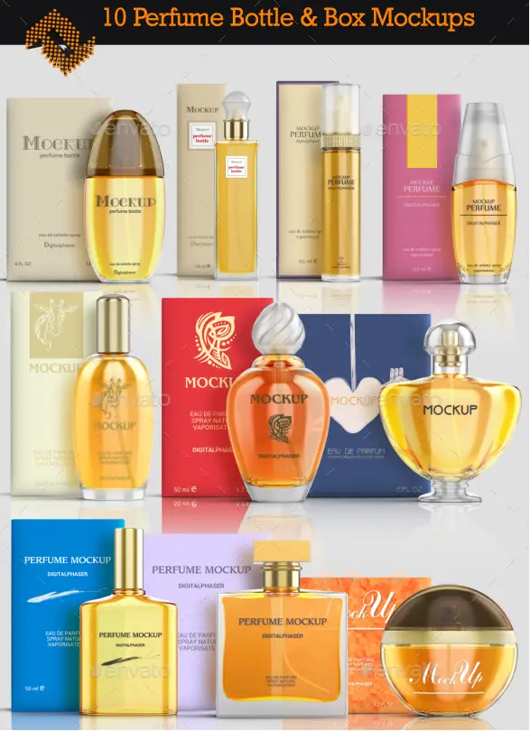 10 Basic Perfume Bottles & Boxes Mockup