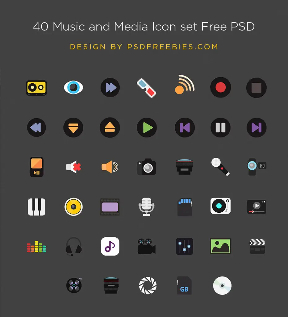 Free Music and Media Icons set PSD