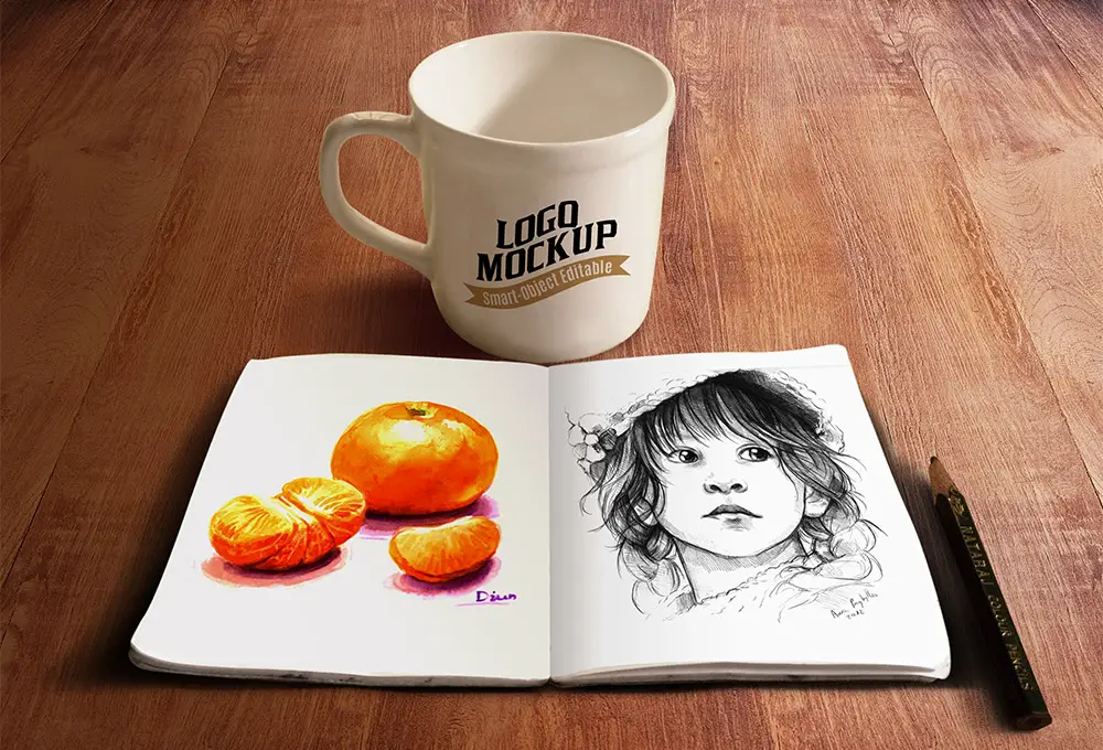 Sketchbook and Coffee Cup Mockup